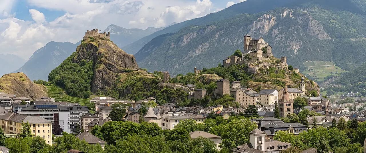 Canton de Valais — Panorama of Sion, Switzerland from the north-west, with Tourbillon Castle and Valère Basilica (2022) edited